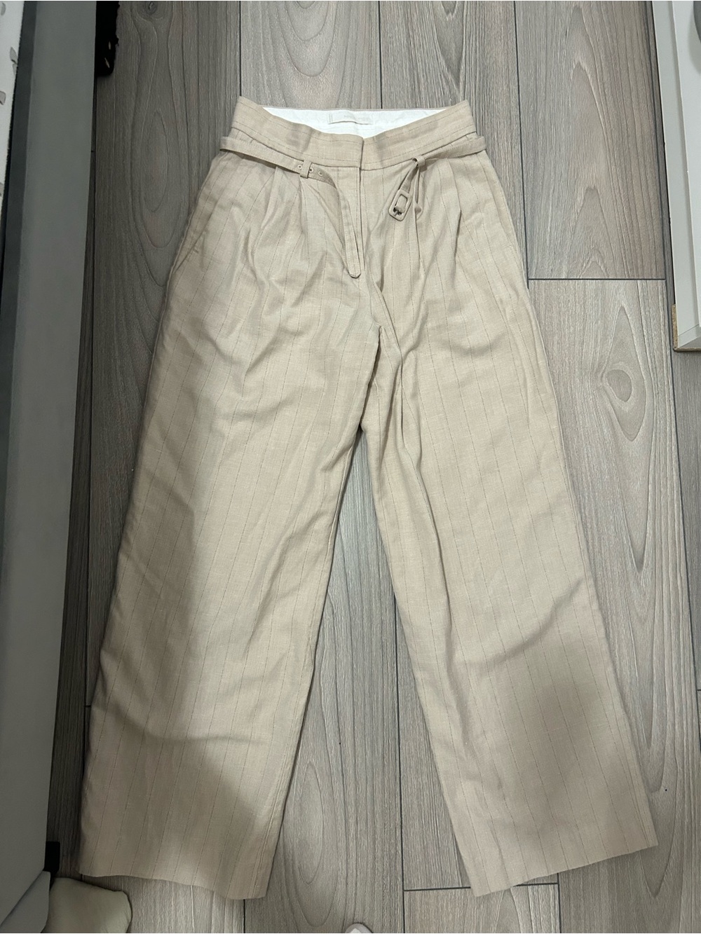 Mango Beige Pinstriped Wide-Leg Trousers